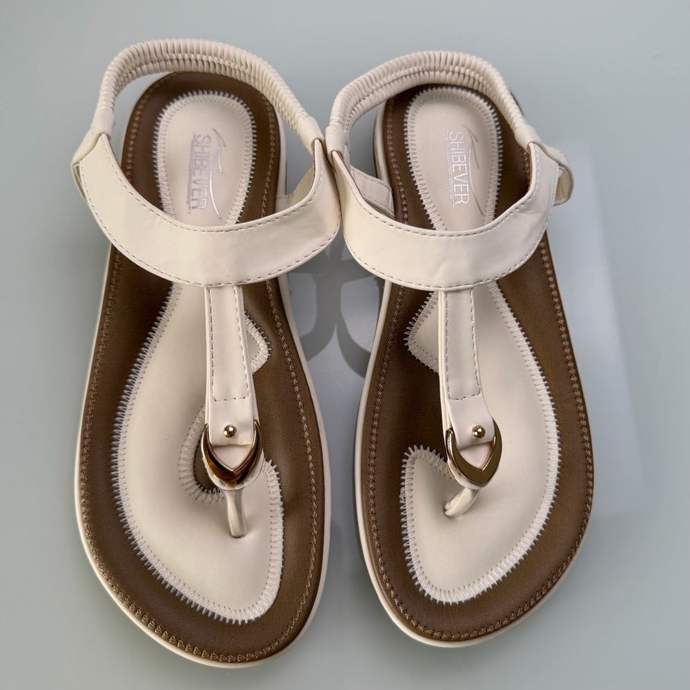 Shibever Women's Comfort Sandals Orthopedic T-Strap Flats Cream Brown Sz 7.5